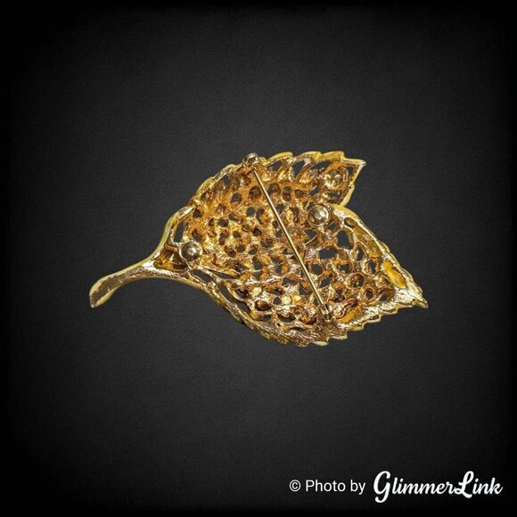 Vintage Aurora Borealis & Light Yellow Rhinestone Enamel Leaves Gold Tone Brooch - Picture 5 of 8